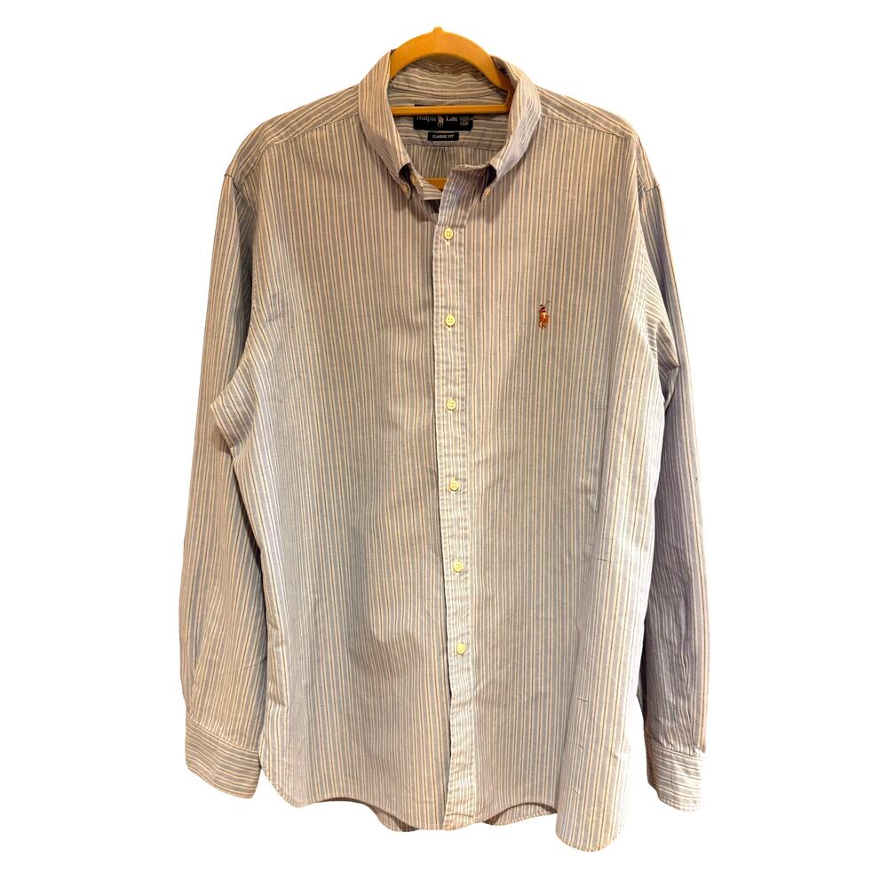 Ralph Lauren | Classic Fit Blue + White Striped Button Down L/S Shirt Size XL